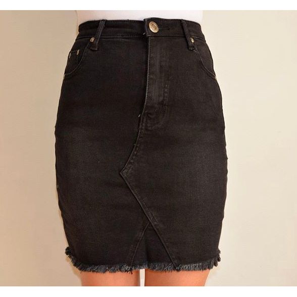 69975 Black Denim V Frayed Skirt