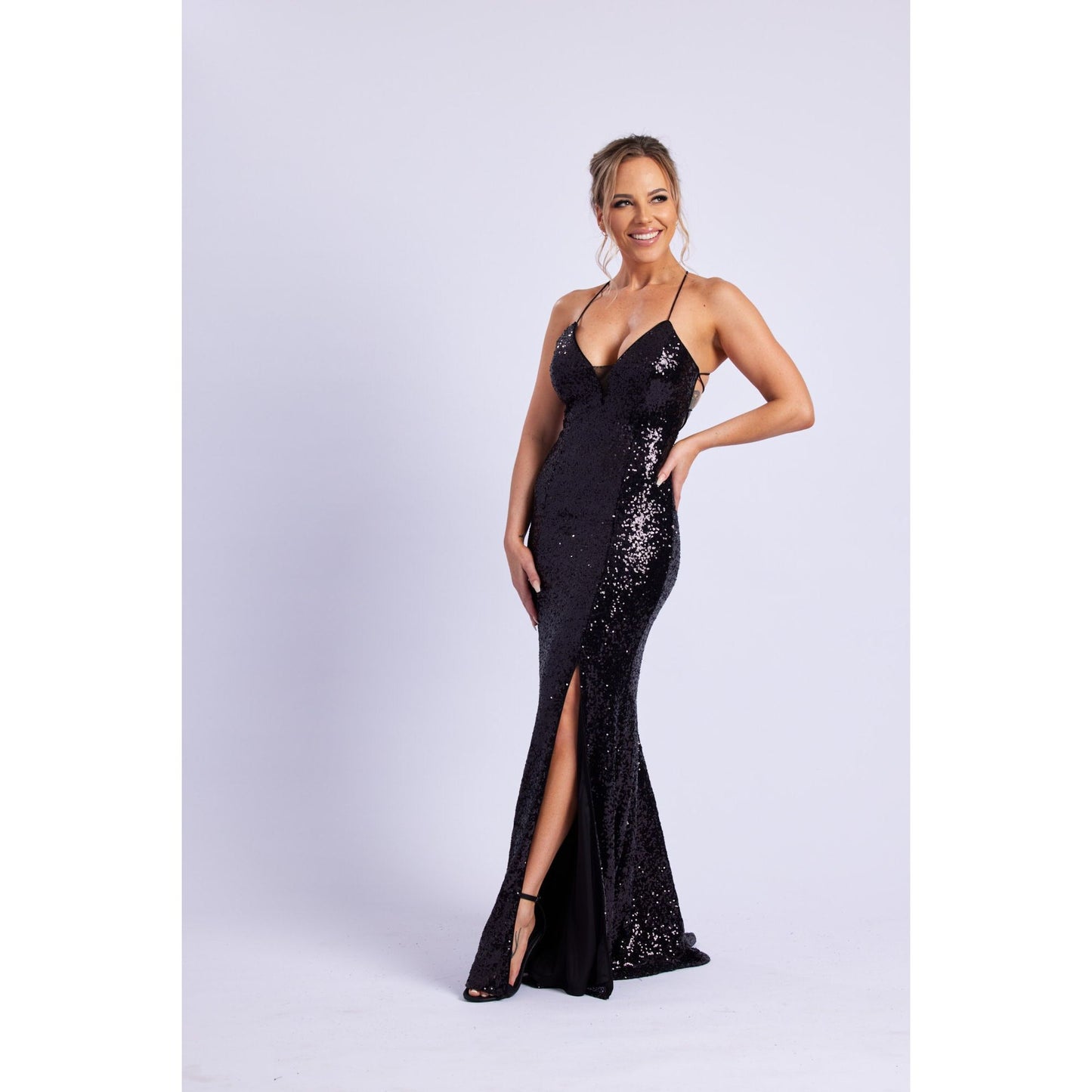 0465 LaceUp Sequin Gown Black