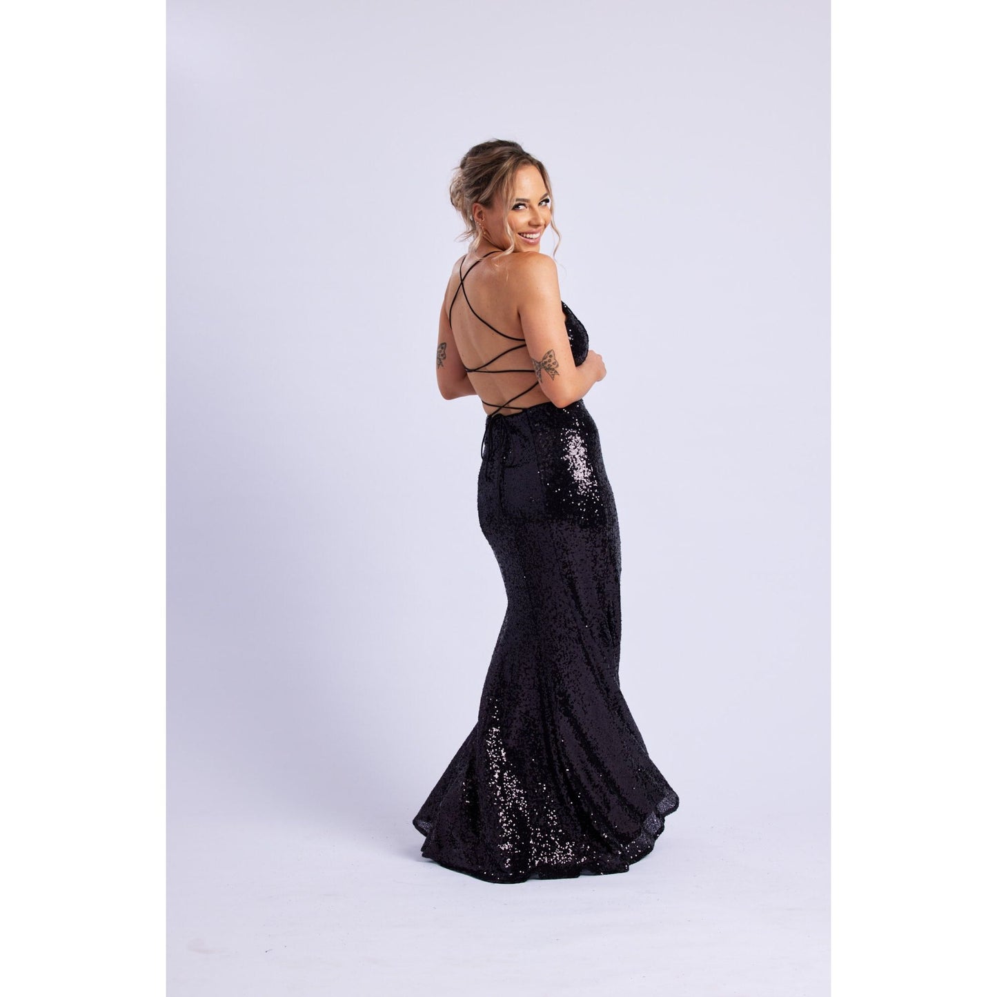 0465 LaceUp Sequin Gown Black