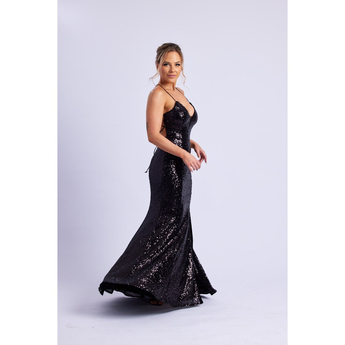 0465 LaceUp Sequin Gown Black