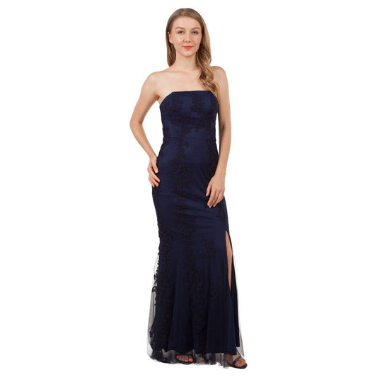9586 Strapless Lace Gown Navy