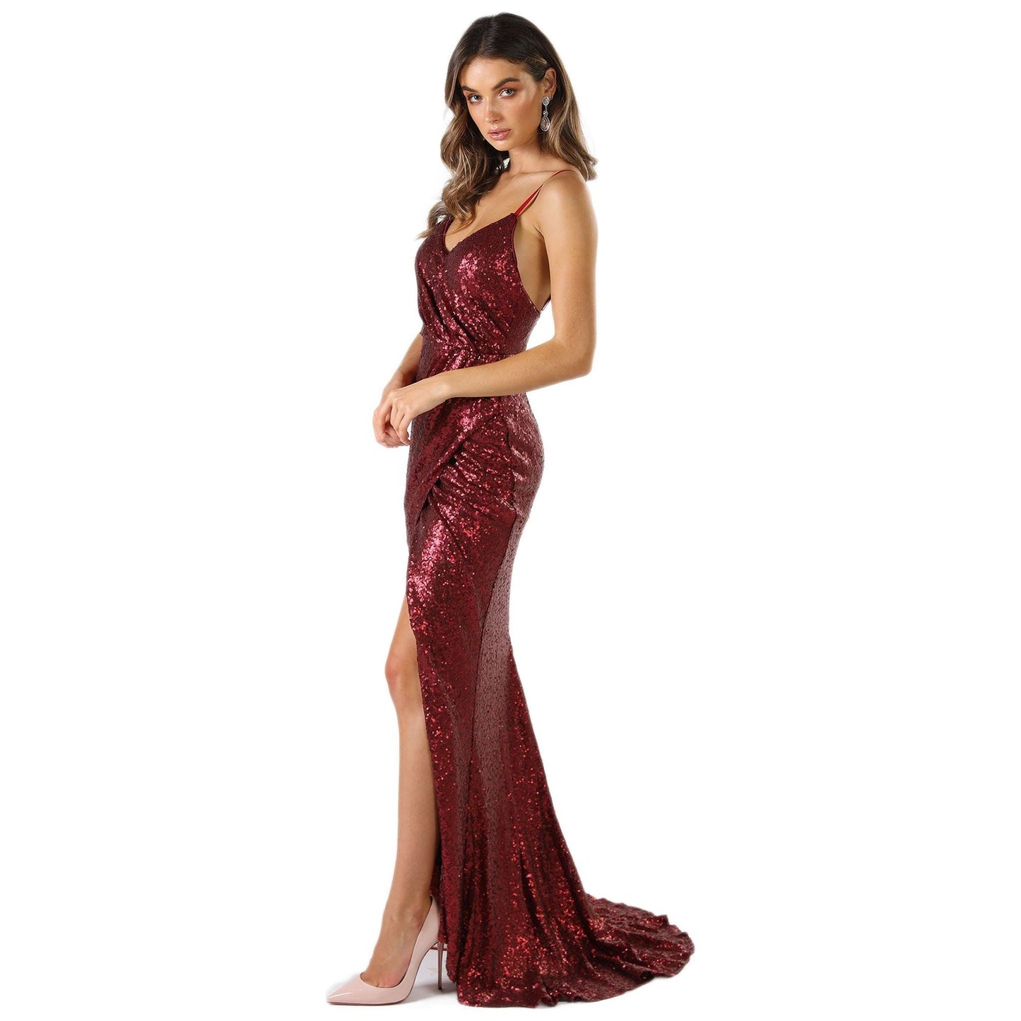 217450 Low Back Sequin Gown Wine